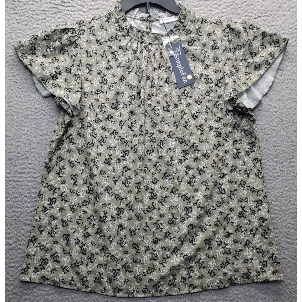 Simple Fun Blouse Top Women Medium Multi Palm Leaf Print Flutter Sleeve Pullover